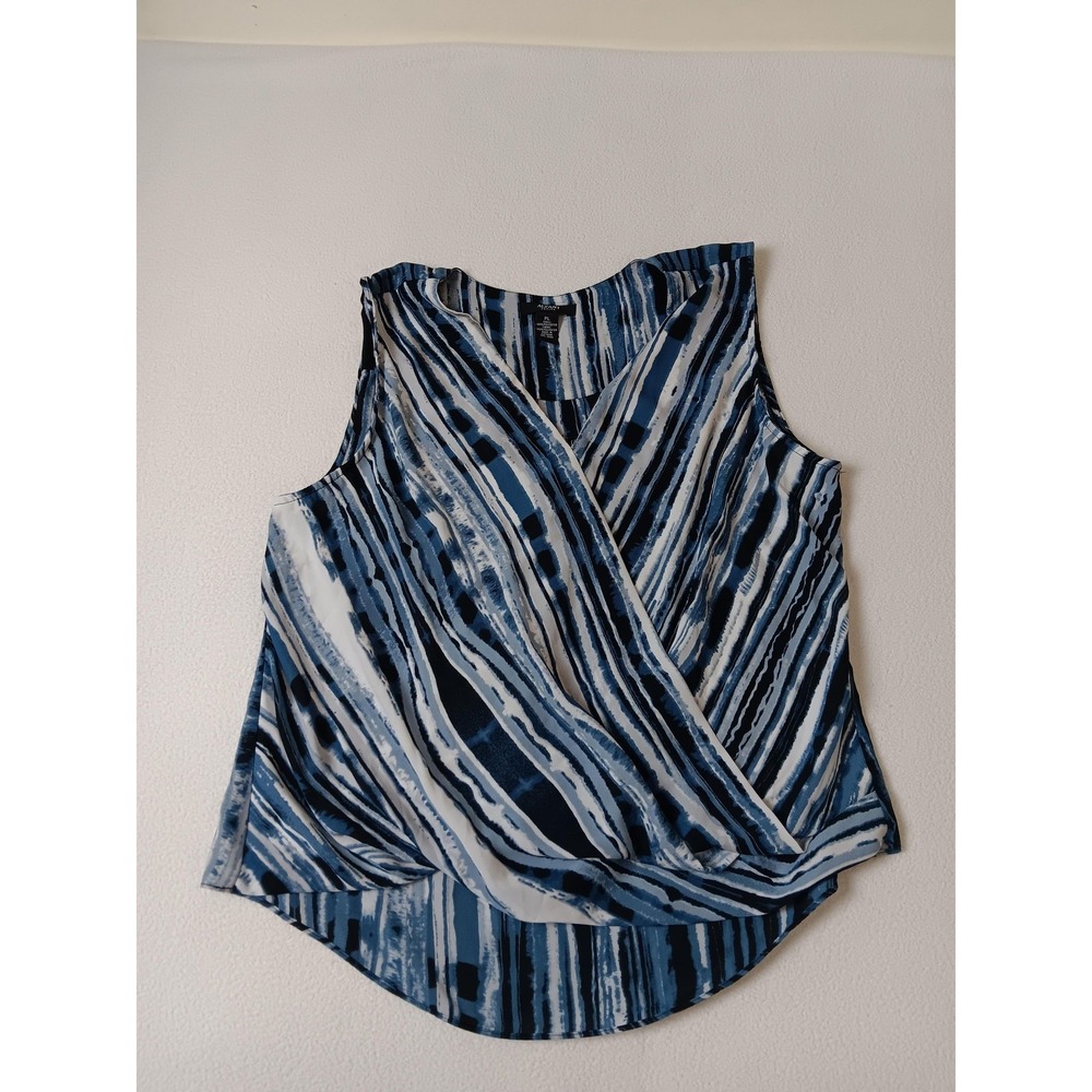 Alfani Blue Striped Tunic Blouse‎ Womens Petite L V-Neck Lined Polyester
